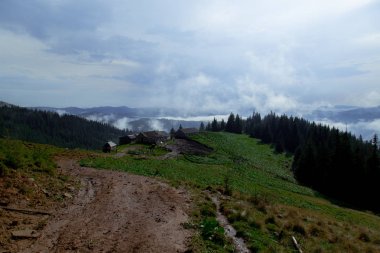 Karpat Dağları 'ndaki ahşap kulübe sis uyandırıyor.
