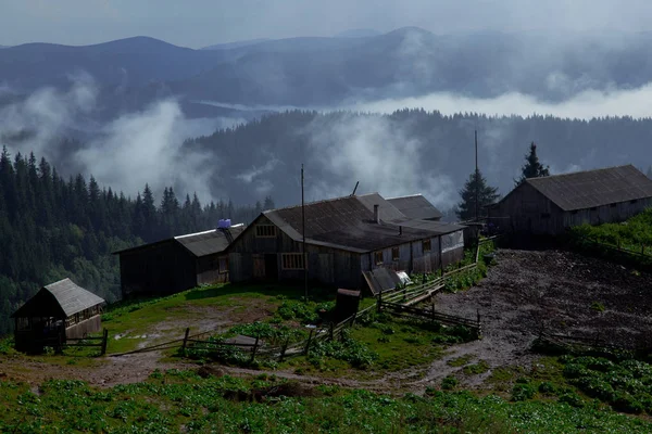 Cabana Madeira Nas Montanhas Dos Cárpatos Levanta Nevoeiro — Fotografia de Stock
