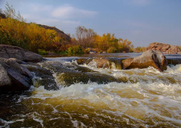 Piedra Río Rápido Otoño Árboles Amarillos Orilla —  Fotos de Stock