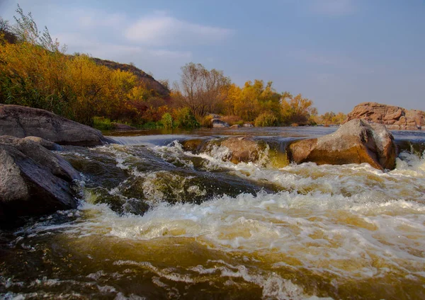 Piedra Río Rápido Otoño Árboles Amarillos Orilla —  Fotos de Stock