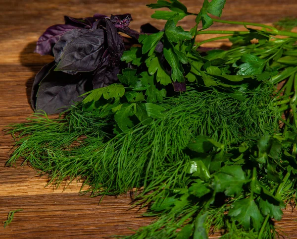 Fresh Blue Basil Cilantro Dill Oak Wood Background — Stock Photo, Image