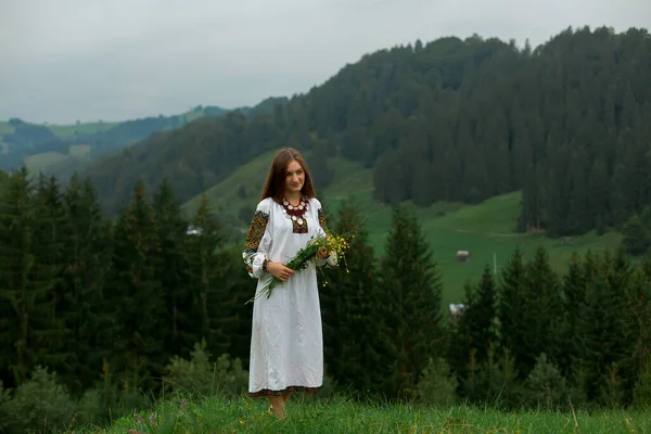 Bir buket yabani çiçekle nakış işlemiş kız Karpatya dağlarında yeşil çimlerin üzerinde duruyor.