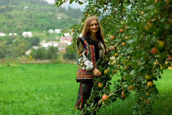 Girl Embroidery Stands Grass Apple Tree Background Mountain Village — Stock Photo, Image