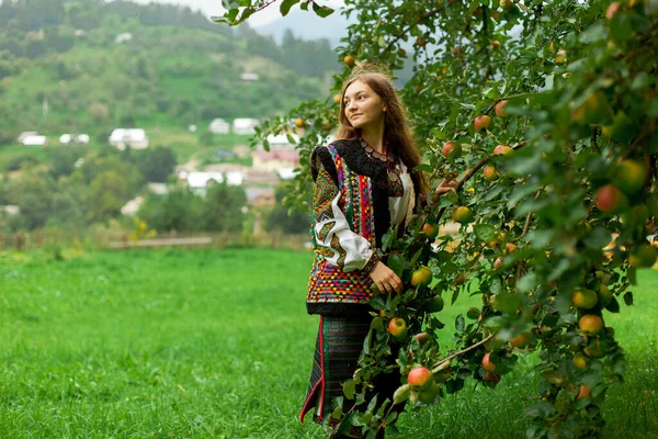 一个穿绣花衣服的女孩站在一棵苹果树下的草地上 旁边是一座山村 — 图库照片