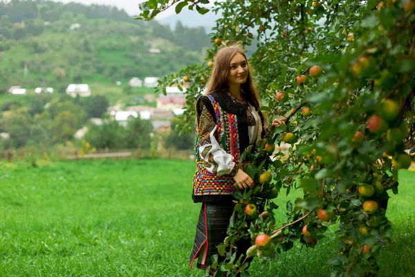 Fille Broderie Tient Sur Herbe Sous Pommier Sur Fond Village — Photo