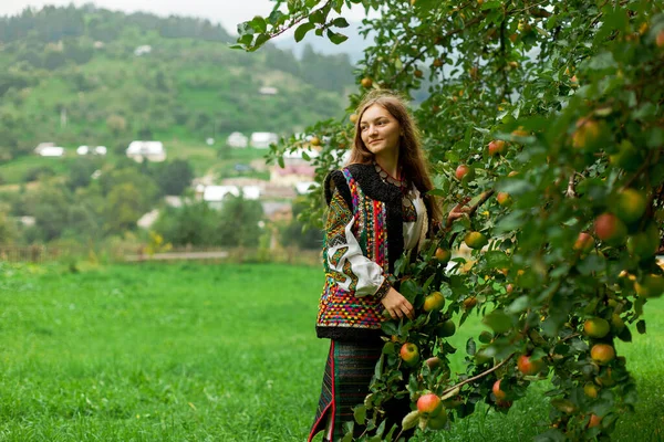 一个穿绣花衣服的女孩站在一棵苹果树下的草地上 旁边是一座山村 — 图库照片