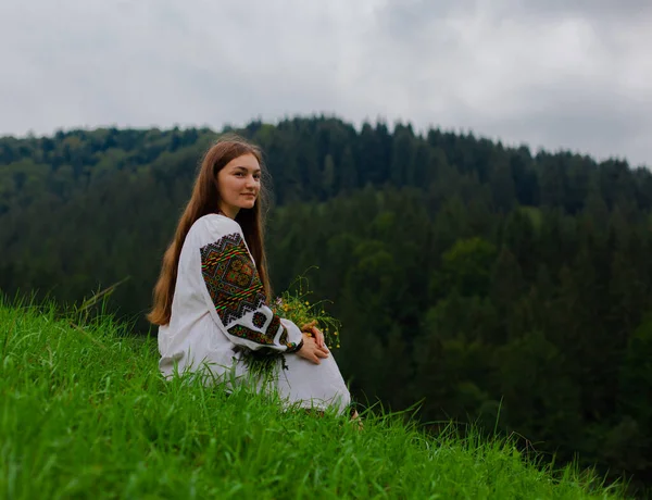 緑の草の上にカラパチア山脈を背景に野生の花の花束で刺繍された緩い髪の少女が座っている — ストック写真
