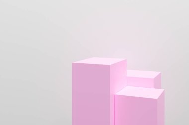 Beyaz arka planda pembe bir küp yapısı gösteriliyor. Pembe küpler üçgen şeklinde dizilmişler, denge ve uyum hissi yaratıyorlar.