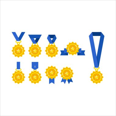 Altın ve mavi madalyalar ve kurdeleler. Madalyalar farklı boyutlarda ve şekillerde ve kurdeleler de mavi.