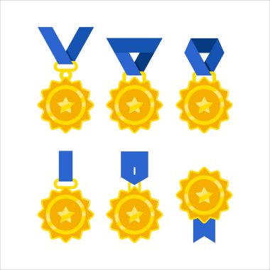 Mavi kurdeleli bir altın madalya seti. Madalyaların hepsi farklı boyutlarda ve şekillerde.