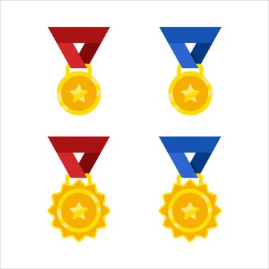 Kırmızı kurdeleli dört altın ve mavi madalya. Madalyalar farklı boyutlarda ve sıraya dizilmiş.