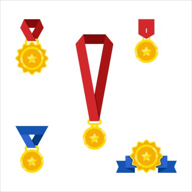 Kırmızı kurdeleli madalyalar ve kurdeleler koleksiyonu. Madalyalar altın ve gümüşten ve sırayla dizilmiş.