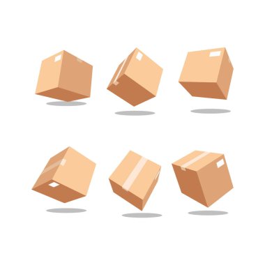 Çeşitli pozisyonlarda, bir kutunun baş aşağı, diğerinin havada olduğu altı karton kutu seti gösteriliyor. Kutuların hepsi farklı boyutlarda ve şekillerde.