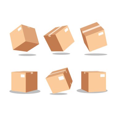Çeşitli pozisyonlarda, bir kutunun baş aşağı, diğerinin havada olduğu altı karton kutu seti gösteriliyor. Kutuların hepsi farklı boyutlarda ve şekillerde.