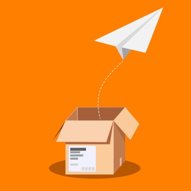 Beyaz bir kağıt uçak karton bir kutunun üzerinde uçuyor. Kutu açıldı ve uçak içinde.