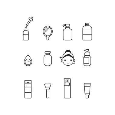 Kozmetik ve güzellik ürünleri koleksiyonu. Ürünler arasında bir şişe losyon, bir şişe parfüm, bir şişe makyaj çıkarıcı, bir şişe yüz temizleyici, bir şişe yüz temizleyici,