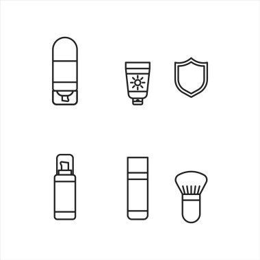 Altı kozmetik seti, bir fırça, bir tüp güneş kremi ve bir tüp losyon.