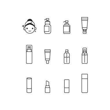 Bir kadın gülümsüyor ve elinde bir şişe losyon tutuyor. Görüntü, losyonlar, kremler ve spreyler gibi çeşitli güzellik ürünlerinin bir koleksiyonudur. Sahne neşeli ve pozitif.