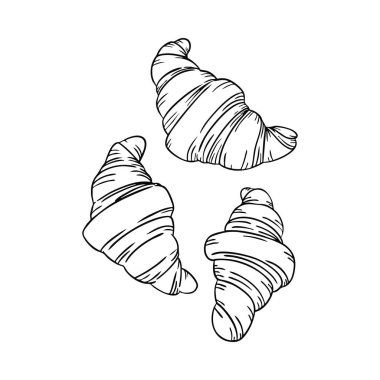 Siyah beyaz üç kruvasan çiziliyor. Kruvasanlar bir üçgen şeklinde dizilmiş, biri solda, biri ortada, biri de sağda.