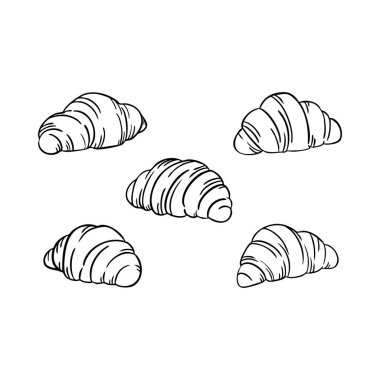Beyaz arka planı olan beş tane kruvasan çizimi. Kruvasanların hepsi farklı boyutlarda ve sıra sıra dizilmiş.