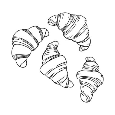 Beyaz arkaplanı olan dört kruvasan çizimi. Kruvasanlar siyah çizilmiş ve daire şeklinde yerleştirilmişler.