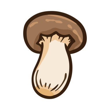 Kahverengi saplı ve beyaz şapkalı bir çizgi film mantarı. Mantar hafif ve eğlenceli bir şekilde çizilir.