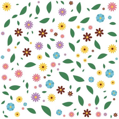 Yeşil yapraklı renkli bir çiçek deseni. Çiçekler çeşitli renk ve boyutlarda ve yapraklar aynı zamanda farklı boyutlarda ve şekillerdedir. Genel efekt canlı ve canlı bir sahne.