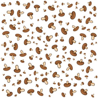 Bir mantar deseni beyaz bir arkaplan boyunca yayılır. Mantarlar çizgi film tarzında çizilir, bazılarının üstü sivri, bazılarının üstü düz olur.