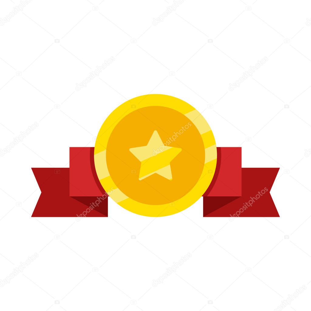 A gold coin with a star on it is surrounded by a red ribbon. The coin is shiny and golden, and the ribbon is red. Concept of achievement or reward, as the gold coin