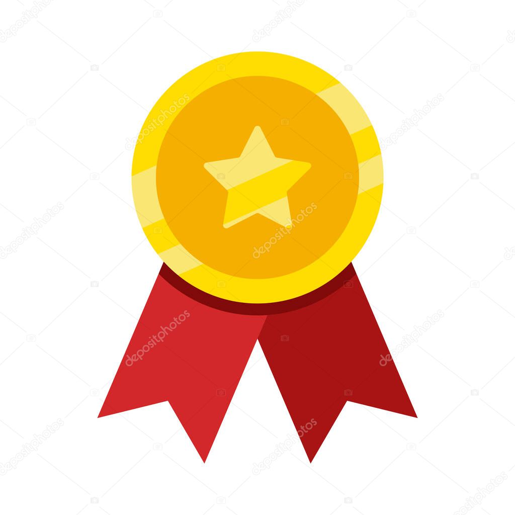 A gold star with a red ribbon around it. The star is shining brightly and the ribbon is red