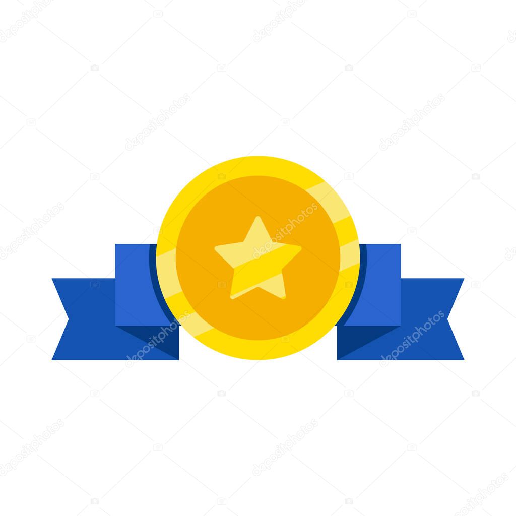 A shiny gold coin with a star on it is placed in the center of a blue ribbon. The ribbon is long and narrow, extending from the top of the coin to the bottom