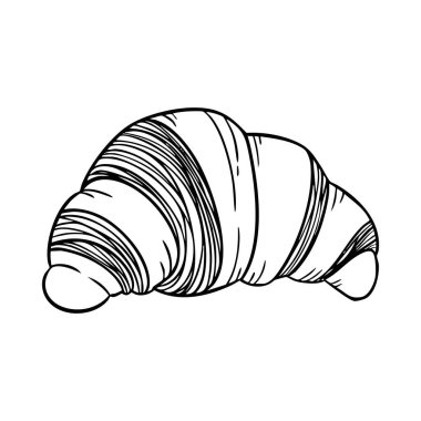 Bir kruvasan siyah beyaz gösterilir. Kruvasan hamur katlayarak ve pişirerek yapılan bir hamur işidir. Kruvasan yakın planda gösterilir, pastanın detayları görünür.