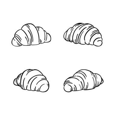 Dört kruvasan siyah beyaz çiziliyor. Hepsi farklı boyutlarda ve şekillerde, ama hepsi aynı temel şekle sahip. Kruvasanlar bir meydana yerleştirildi.