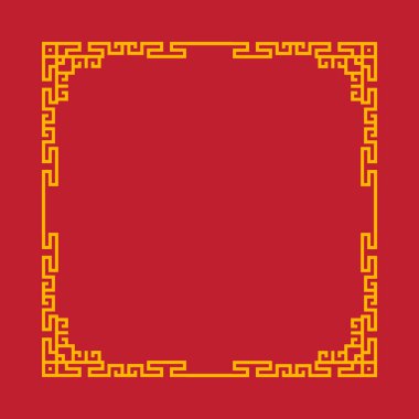 Altın kenarlı kırmızı ve sarı çerçeveli. Çerçeve kare ve bir sürü çizgi var.