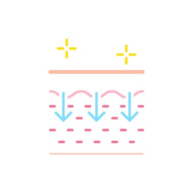 Yüzünde aşağı doğru ok olan bir yüz çizimi. Çizim açık renk düzeninde ve pembe ve mavi renk düzeni var.