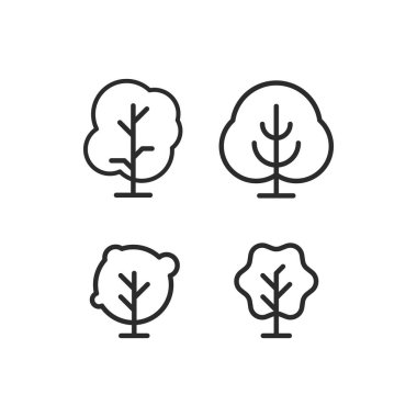 Siyah beyaz çizimde dört farklı ağaç türü gösterilir. Ağaçların şekilleri ve boyutları farklıdır. Bazıları uzun ve sıska, bazıları kısa ve geniştir.