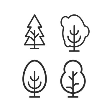 Siyah beyaz çizimde dört farklı ağaç türü gösterilir. Ağaçların şekilleri ve boyutları farklıdır, biri uzun bir ağaç, diğeri ise daha küçük ağaçlardır.