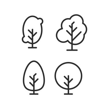 Siyah beyaz çizimde dört farklı ağaç türü gösterilir. Ağaçlar tamamen farklı şekil ve boyutlarda, bazıları uzun ve zayıf, bazıları kısa ve yuvarlak.