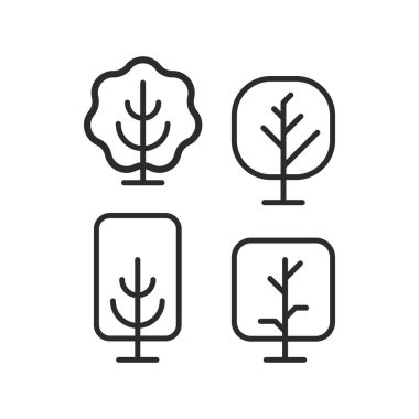 Siyah beyaz çizimde dört farklı ağaç türü gösterilir. Ağaçların şekilleri ve boyutları farklıdır. Bazıları uzun ve sıska, bazıları kısa ve geniştir.