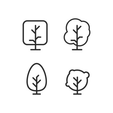 Siyah beyaz çizimde dört farklı ağaç türü gösterilir. Ağaçlar tamamen farklı şekil ve boyutlarda, bazıları uzun ve zayıf, bazıları kısa ve yuvarlak.