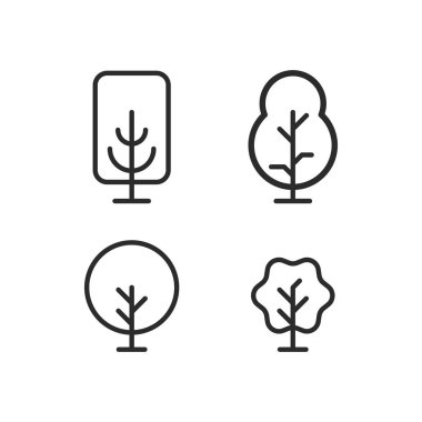 Siyah beyaz çizimde dört farklı ağaç türü gösterilir. Ağaçların hepsi farklı şekil ve boyutlarda, biri küçük, diğeri daha büyük.