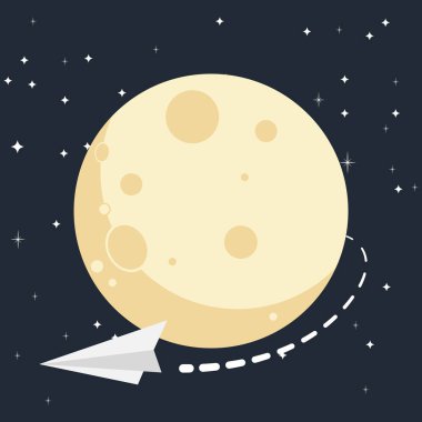 Büyük, yuvarlak bir ayın üzerinde gökyüzünde uçan kağıttan bir uçak karikatürü. Ay yıldızlı bir gökyüzü ile çevrilidir, görüntüye bir merak ve macera hissi verir.