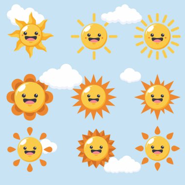 Farklı yüz ifadeleri ve boyutlarda çizgi film yıldızları koleksiyonu. Manzara neşeli ve eğlenceli.