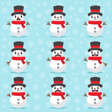 Farklı yüz ifadeleri olan bir dizi kardan adam. Kardan adamlar şapka ve eşarp takıyor.