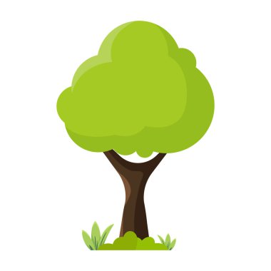 Yeşil yapraklı ve kahverengi gövdeli bir ağaç. Ağaç bir çim tarlasında duruyor. Resmin huzurlu ve huzurlu bir havası var.