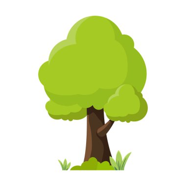 Yeşil yaprakları ve kahverengi gövdesi olan bir çizgi film ağacı. Ağaç çimen tarlasında duruyor.