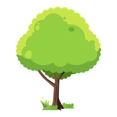 Yeşil yaprakları ve kahverengi gövdesi olan bir çizgi film ağacı. Ağaç çimenli bir alanda duruyor.