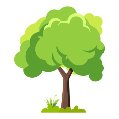 Yeşil yaprakları ve kahverengi gövdesi olan bir çizgi film ağacı. Ağaç çimlerle çevrilidir. Resmin odak noktası ağaç.