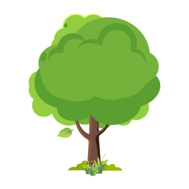 Yeşil yaprakları ve kahverengi gövdesi olan bir çizgi film ağacı. Ağaç çim tarlasında duruyor.