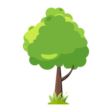 Yeşil yaprakları ve kahverengi gövdesi olan bir çizgi film ağacı. Ağaç çimenli bir alanda duruyor.